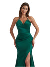 Sexy Halter V-Neck Mermaid Ruched Satin Long Bridesmaid Dresses Side Split