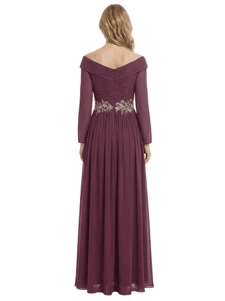 Chicsew V-Neck Long Sleeves Mother Of The Bride Dress Ruched Chiffon A-Line Gown