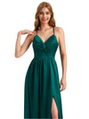 Modern Spaghetti Straps Silky Satin A-line Long Simple Bridesmaid Dresses Side Split