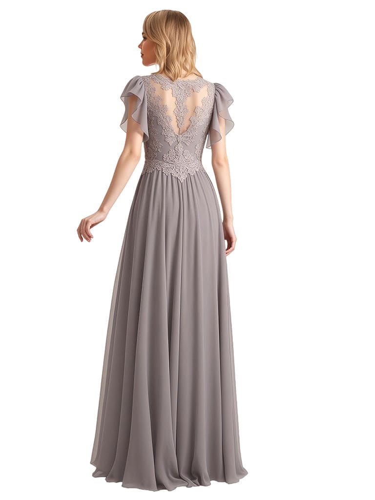 Elegant Flutter Sleeves Lace Applique Chiffon A-line Long Mother of The Bride Dresses