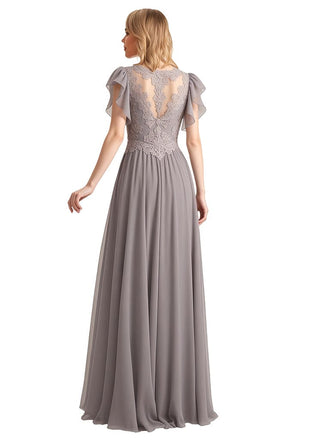 Elegant Flutter Sleeves Lace Applique Chiffon A-line Long Mother of The Bride Dresses