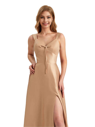 Elegant Silky Satin Spaghetti Straps A-Line Side Slit Floor Length Bridesmaid Dresses Online