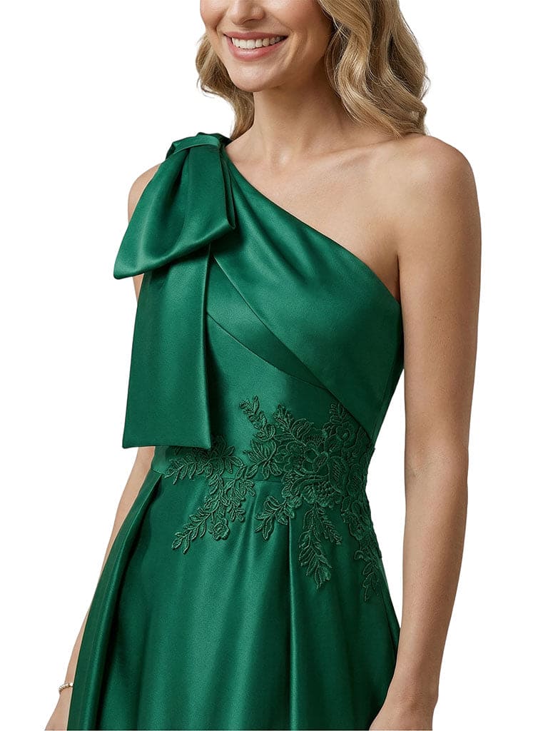 Sexy Mother Of The Bride Dress One Shoulder Applique Satin Fitted Long Draped Formal Gown