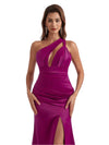 Gorgeous One Shoulder Mermaid Pleated Soft Satin Side Slit Long Bridesmaid Dresses