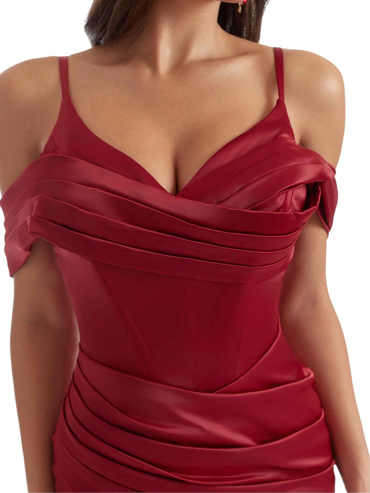 Gorgeous Cold Shoulder Mermaid Pleated Silky Satin Side Slit Long Bridesmaid Dresses