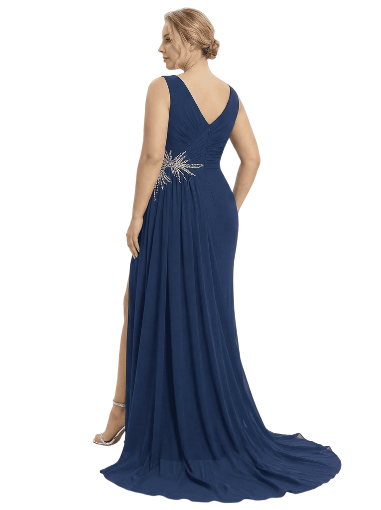 Chicsew Elegant V-Neck Spaghetti Straps A-Line Rhinestone Chiffon Mother Of The Bride Dress