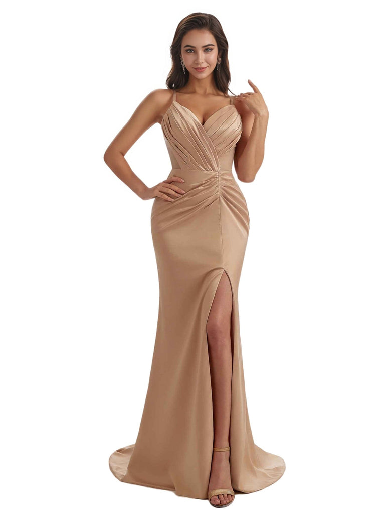 Elegant Long Mermaid Ruched Satin Modern Long Bridesmaid Dresses Spaghetti Straps Side Split