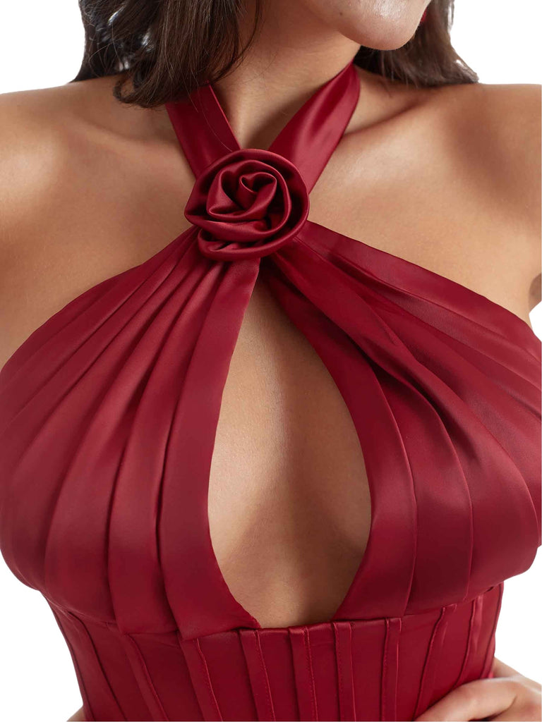 Elegant Halter Mermaid Ruched Satin Boho Chic Long Bridesmaid Dresses Slit