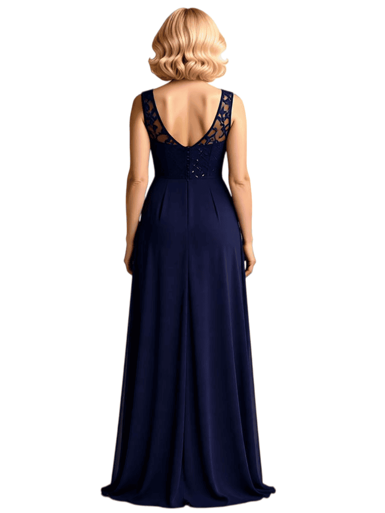 Elegant Sleeveless V-Neck Lace Applique Chiffon A-line Long Mother of The Bride Dresses Side Slit