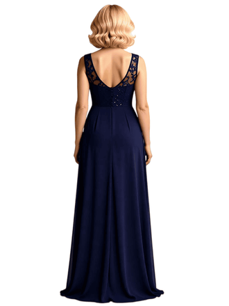 Elegant Sleeveless V-Neck Lace Applique Chiffon A-line Long Mother of The Bride Dresses Side Slit