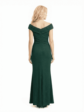 Classy Off The Shoulder Glitter Jersey Mother Of The Groom Dress Beaded Ruched Evening Gown