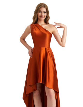 Elegant One Shoulder High Low Satin Ruched Bridesmaid Dresses Online