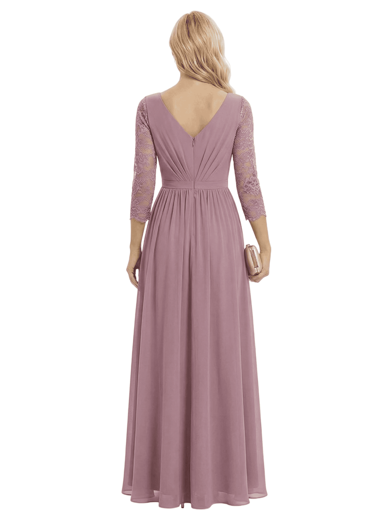 Elegant V-Neck 3/4 Sleeves A-Line Side Slit Chiffon Mother Of The Bride Dress