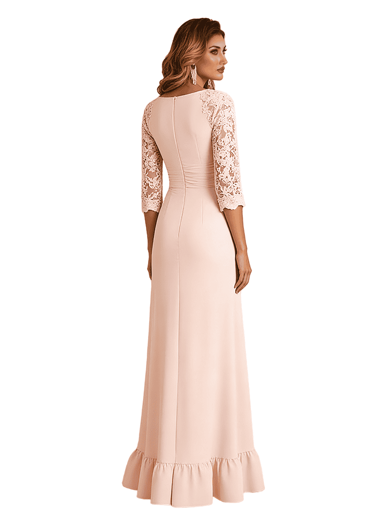 Elegant Lace Long Sleeve Ruffle Chiffon A-Line Long Mother of The Bride Dresses