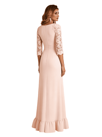 Elegant Lace Long Sleeve Ruffle Chiffon A-Line Long Mother of The Bride Dresses
