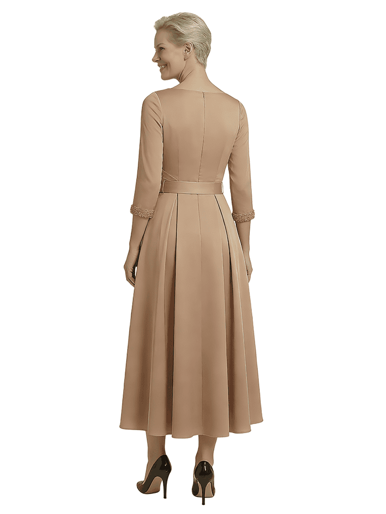 Elegant A-Line Tea Length Mother Of The Groom Gown With Sleeves