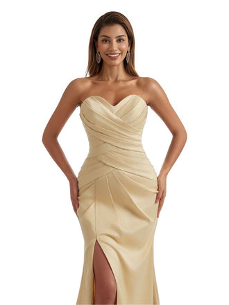 Gorgeous Strapless Mermaid Pleated Silky Satin Long Bridesmaid Dresses Slit Sweetheart