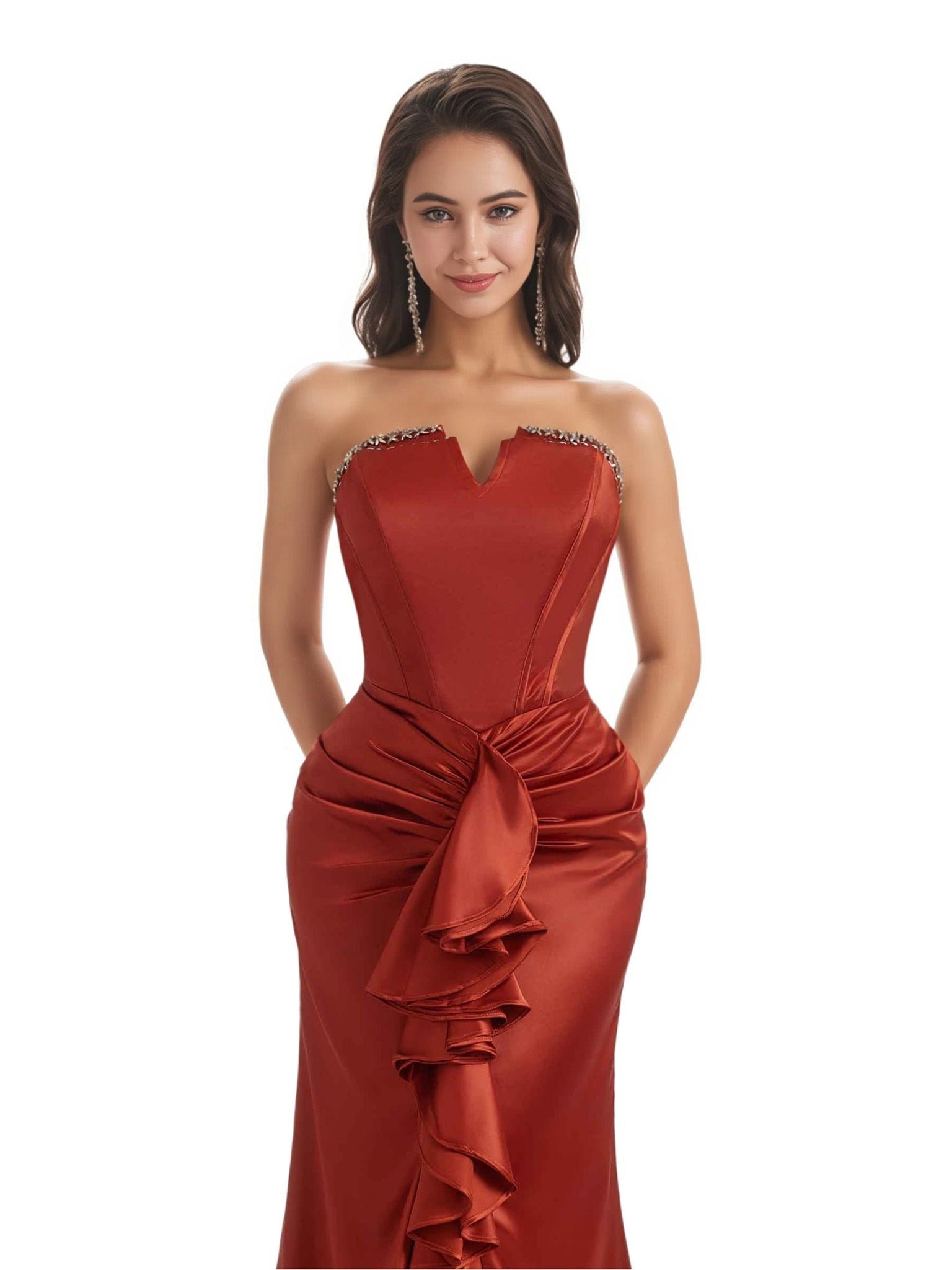 Elegant Sweetheart Ruffles Mermaid Satin Boho Chic Long Bridesmaid Dresses Slit