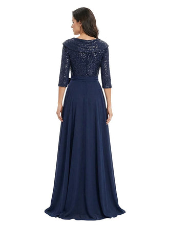 Fancy Sequin Top V-Neck Flowy Chiffon A-Line Mother Of The Bride Dress With Sleeve