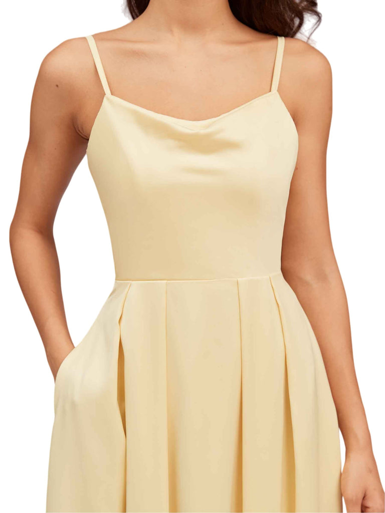 Elegant Spaghetti Straps Sleeveless Soft Satin A-Line Bridesmaid Dresses With Pocket