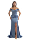 Elegant Off The Shoulder Side Split Mermaid Ruched Satin Long Bridesmaid Dresses Online