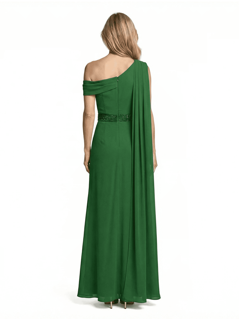 Unique Asymmetric Straps Chiffon Mother Of The Groom Gown Beaded Belt Formal Evening Dress