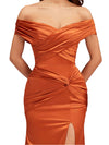 Sexy Side Slit Mermaid Off The Shoulder Soft Satin Unique Long Bridesmaid Dresses Online