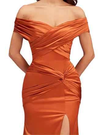 Sexy Side Slit Mermaid Off The Shoulder Soft Satin Unique Long Bridesmaid Dresses Online