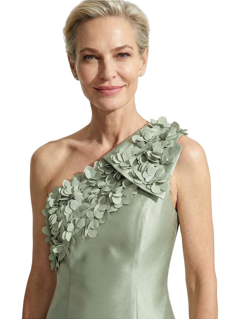 Unique 3D Floral Applique One Shoulder Mother Of The Bride Satin Maxi Gown