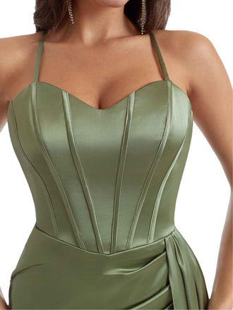 Elegant Silky Satin Side Slit Long Bridesmaid Dresses Online Mermaid Spaghetti Straps