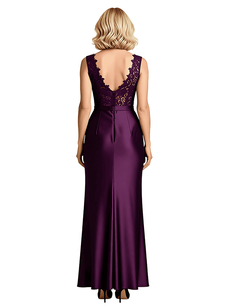 Modern Mermaid V-Neck Lace Satin Mother Of The Groom Dress With Side Slit