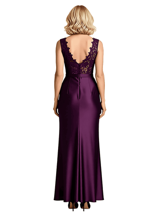Modern Mermaid V-Neck Lace Satin Mother Of The Groom Dress With Side Slit