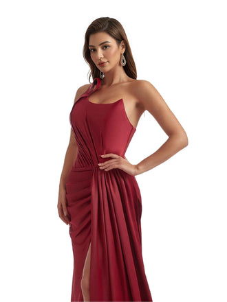 Sexy One Shoulder Mermaid Side Slit Soft Satin Unique Long Bridesmaid Dresses Online