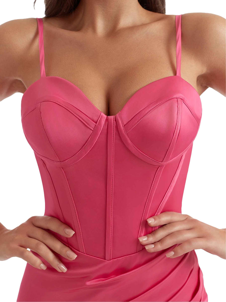 Sexy Spaghetti Straps Boning Mermaid Ruched Satin Long Bridesmaid Dresses Side Split