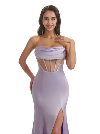 Elegant Sweetheart Mermaid Soft Satin Long Bridesmaid Dresses Sexy See Through