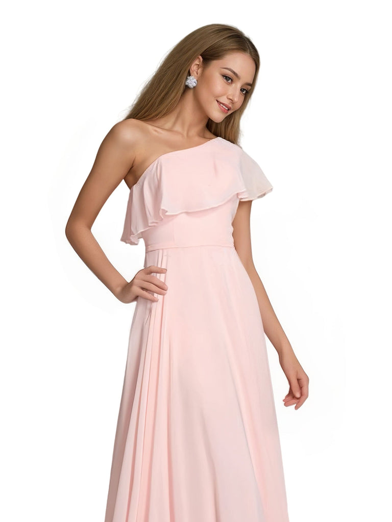 Elegant One Shoulder Ruffle Sleeves A-line Chiffon Long Bridesmaid Dresses