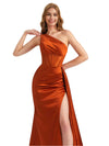 Elegant One Shoulder Silky Satin Side Split Mermaid Long Bridesmaid Dresses Online