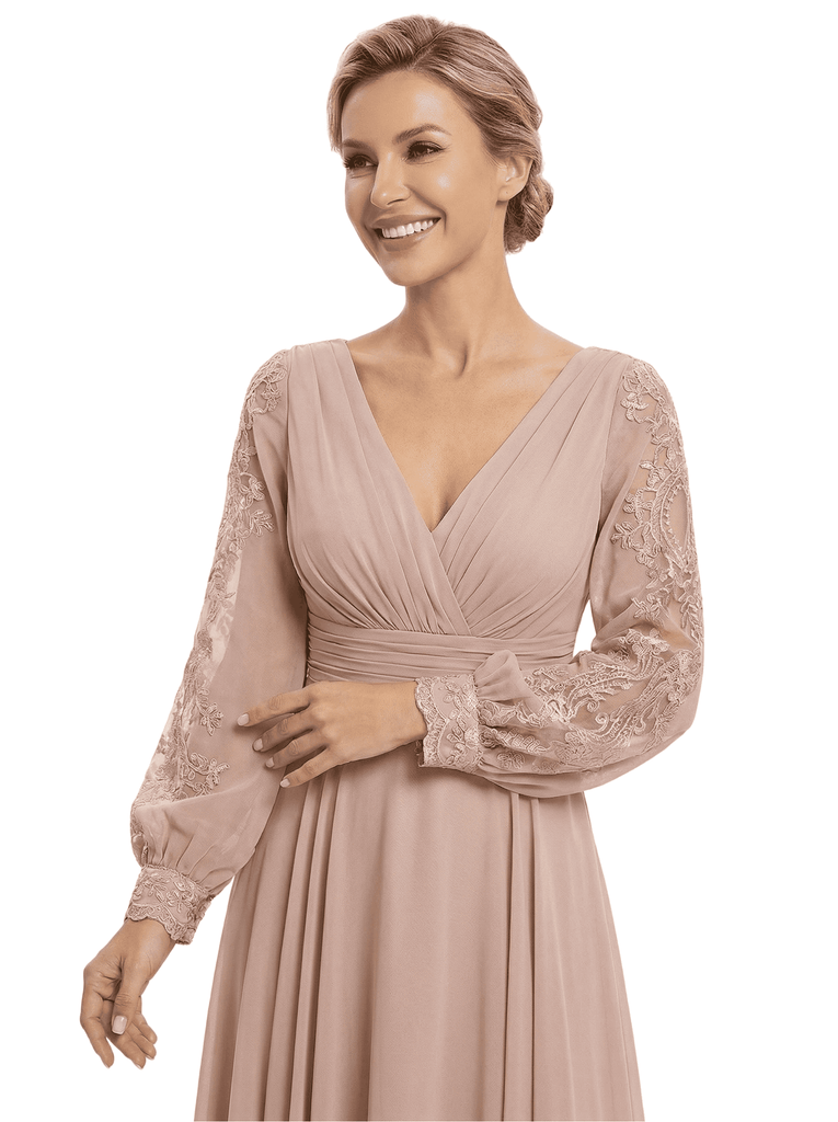 Beautiful Mother Of The Bride Dresses V-Neck Long Sleeves A-Line Formal Wedding Event Dress