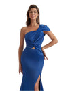 Sexy Unique One Shoulder Silky Satin Mermaid Long Bridesmaid Dresses Side Slit