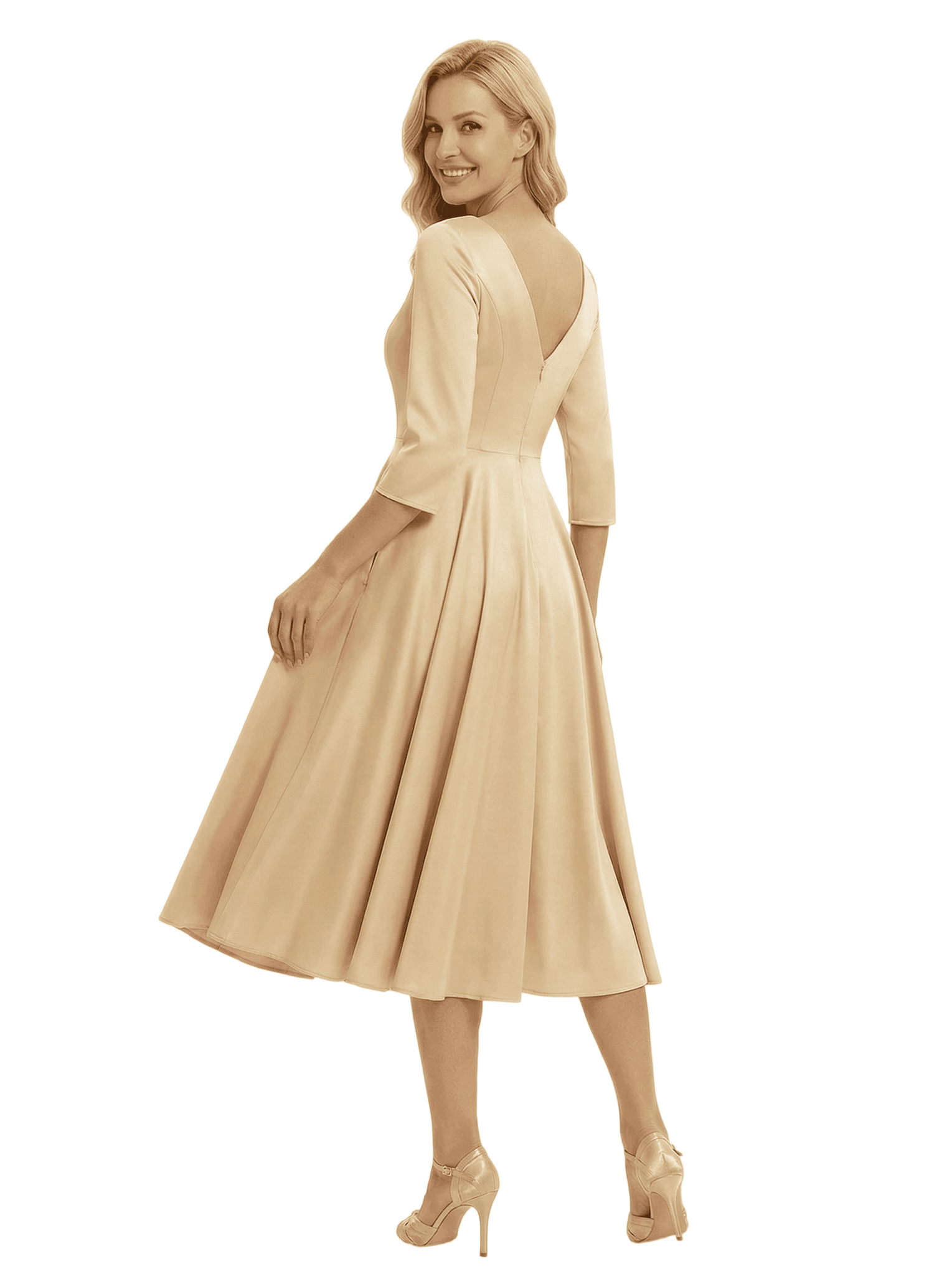 Elegant V-Neck Long Sleeves A-Line Satin Tea-Length Mother of the Bride Dresses