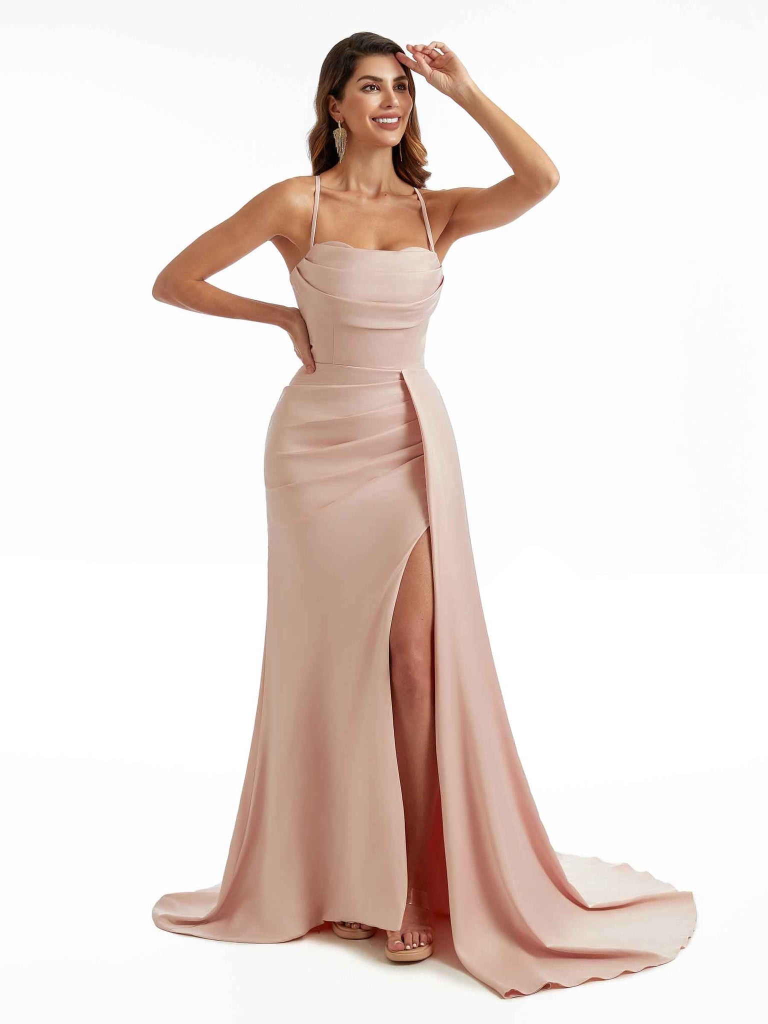 Sexy Side Split Spaghetti Straps Mermaid Long Satin Formal Ruched Bridesmaid Dresses UK