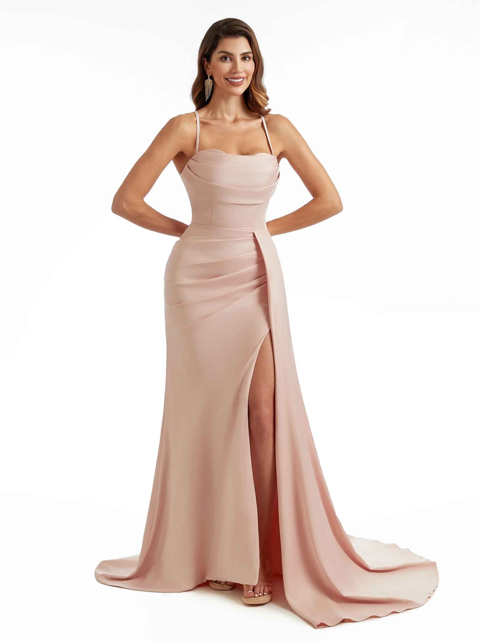 Sexy Side Split Spaghetti Straps Mermaid Long Satin Formal Ruched Bridesmaid Dresses UK
