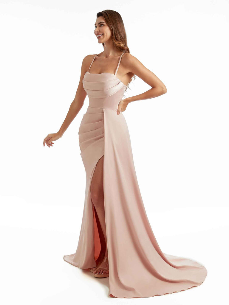 Sexy Side Split Spaghetti Straps Mermaid Long Satin Formal Pleated Bridesmaid Dresses