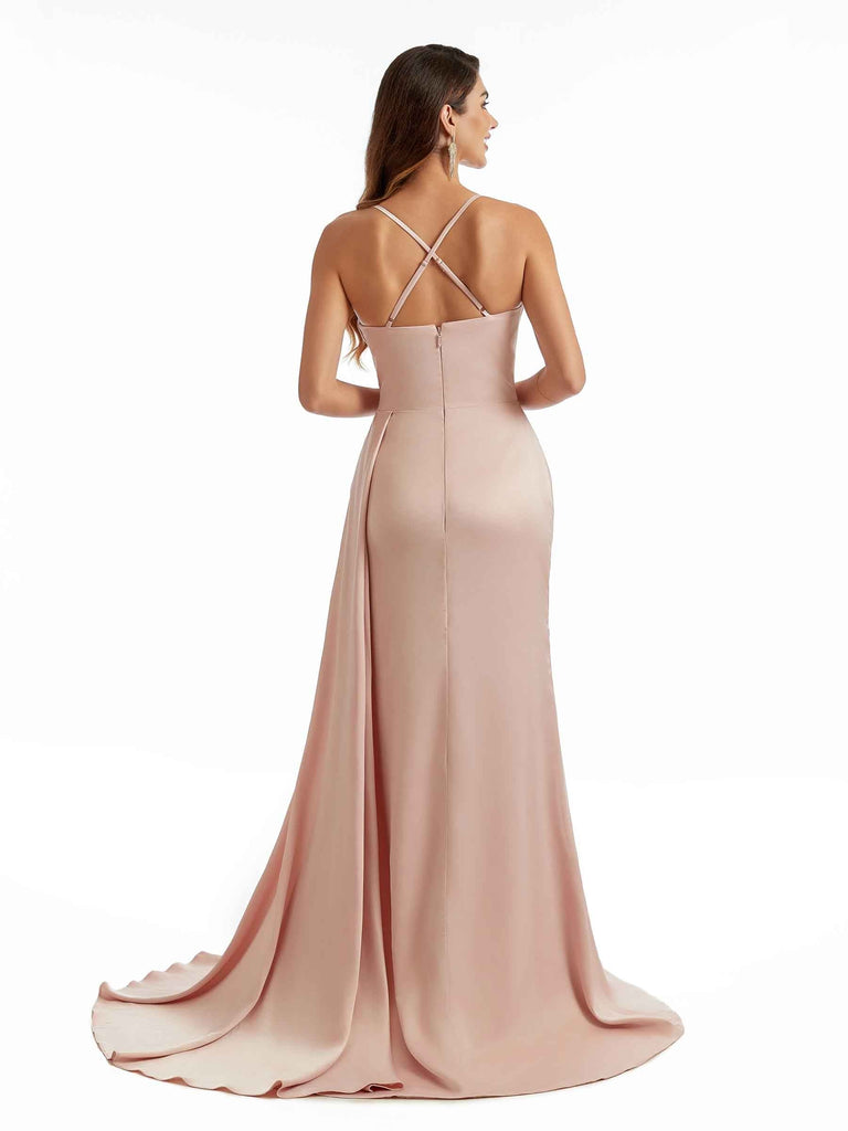 Sexy Side Split Spaghetti Straps Mermaid Long Satin Formal Pleated Bridesmaid Dresses