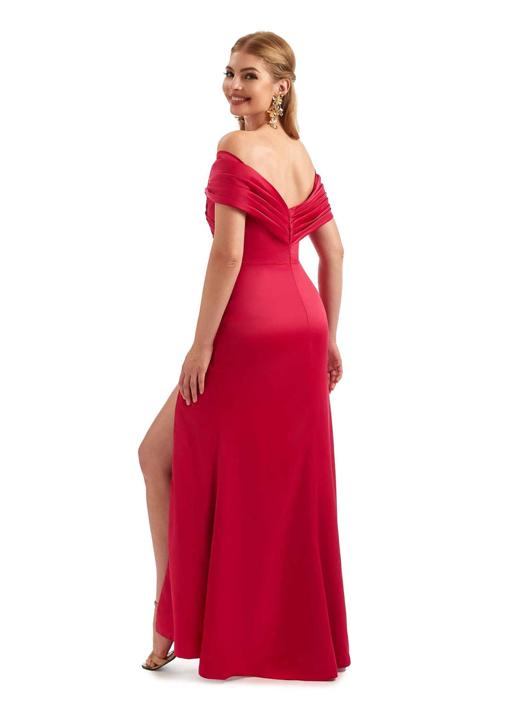 Off The Shoulder Mermaid Silky Satin Sexy Side Slit Long Bridesmaid Dresses Online