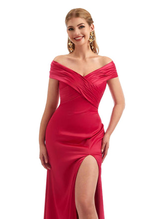 Off The Shoulder Mermaid Silky Satin Sexy Side Slit Long Bridesmaid Dresses Online