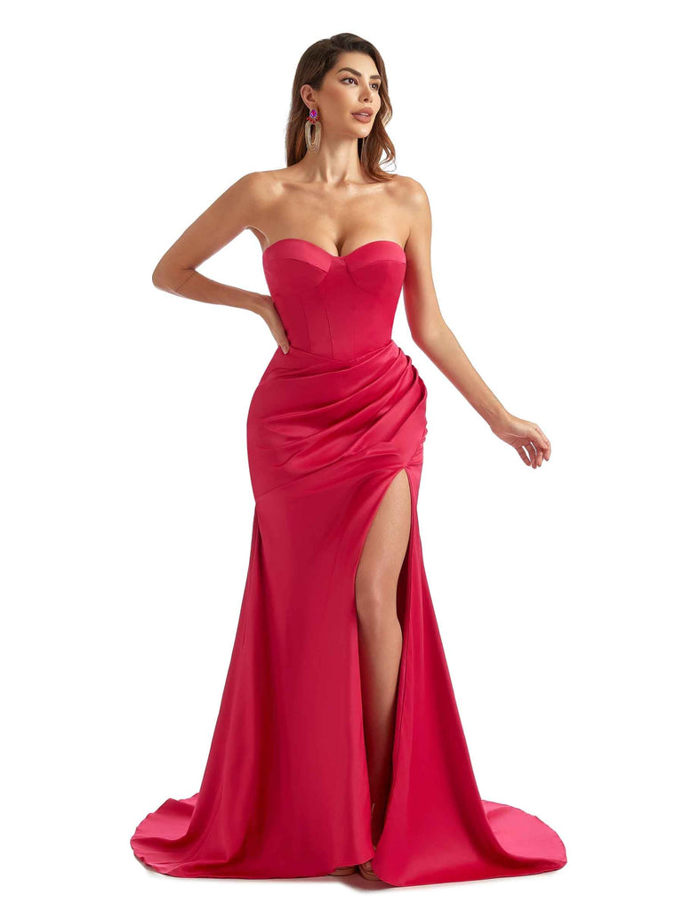 Sexy Side Split Sweetheart Mermaid Satin Trendy Long Bridesmaid Dresses Online