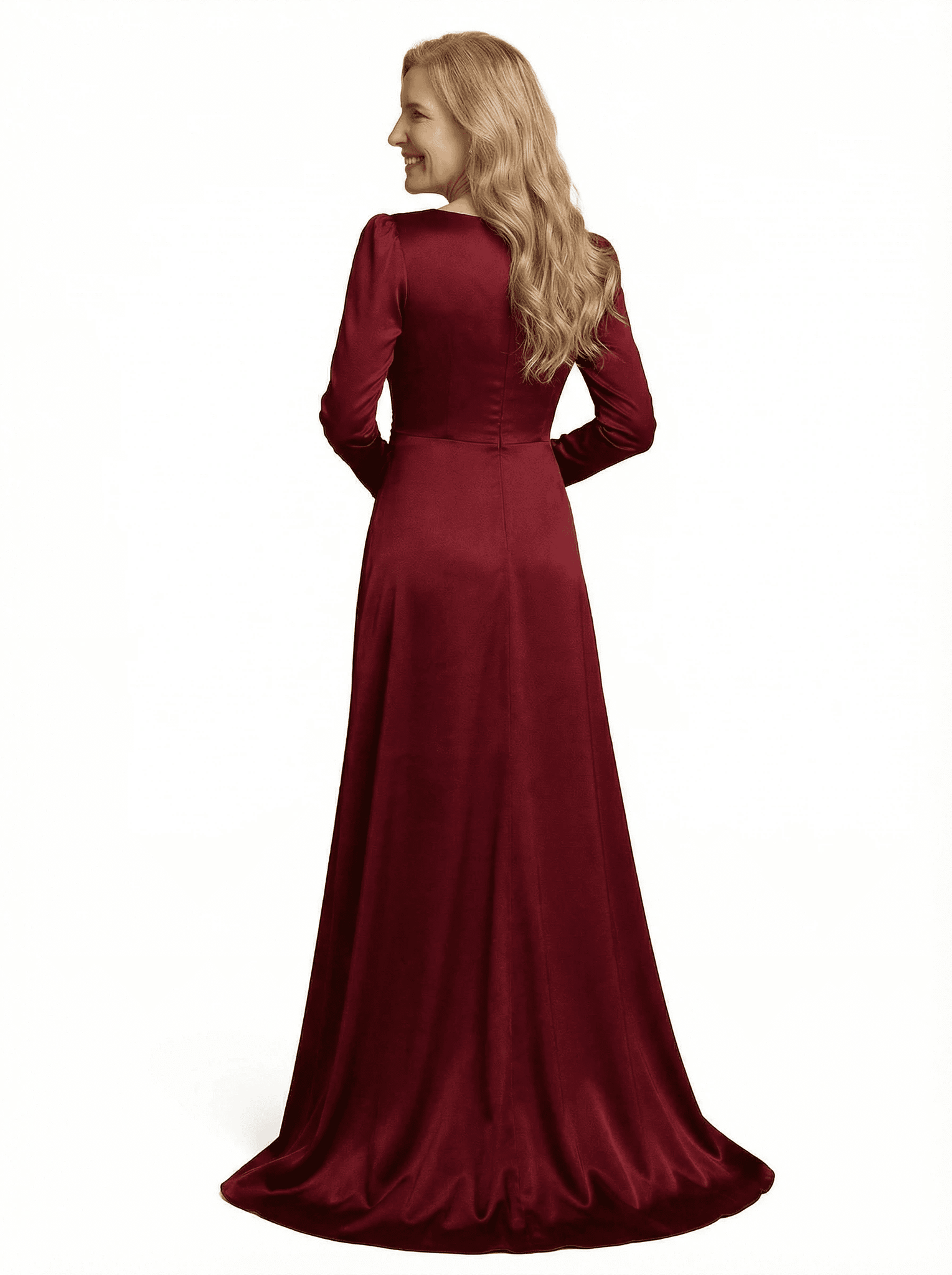 Sexy V-Neck Long Sleeve Mother of the Groom Dress Satin A-Line Gown with High Slit