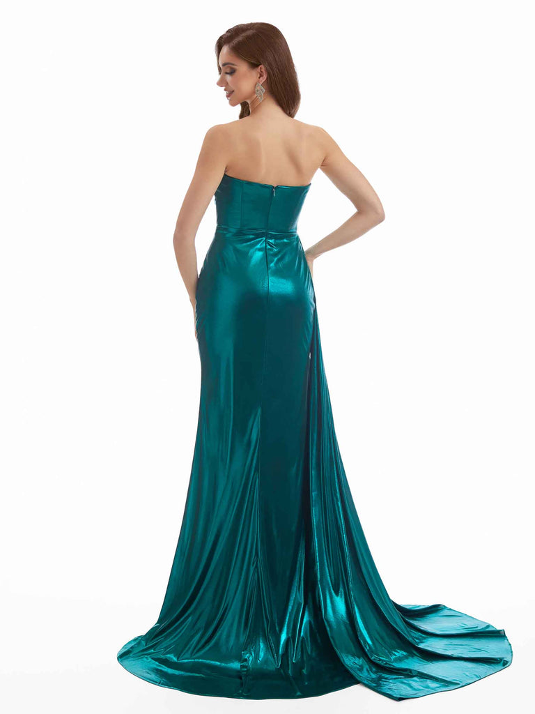 Sexy Side Slit Mermaid Asymmetric Neckline Metallic Stretch Shiny Fabric Long Wedding Guest Dresses