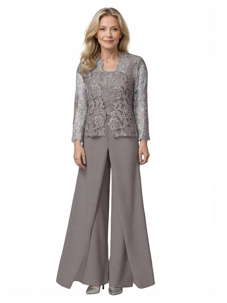 Trendy Women Chiffon And Lace long Sleeves Jumpsuit For Mother Of The Bride